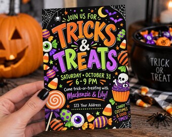 May include: A rectangular Halloween party invitation card with a black background featuring the text JOIN US FOR TRICKS & TREATS, SATURDAY OCTOBER 31 6-9 PM, Come trick-or-treating with Mackenzie & Lily!, 123 Your Address, and CANDY COSTUMES & GOOD TIMES!