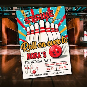 Bowling Birthday Invite, Premium Design, Bowling Alley, Strike up Fun, Print at Home, Easy Editable Canva Template Download