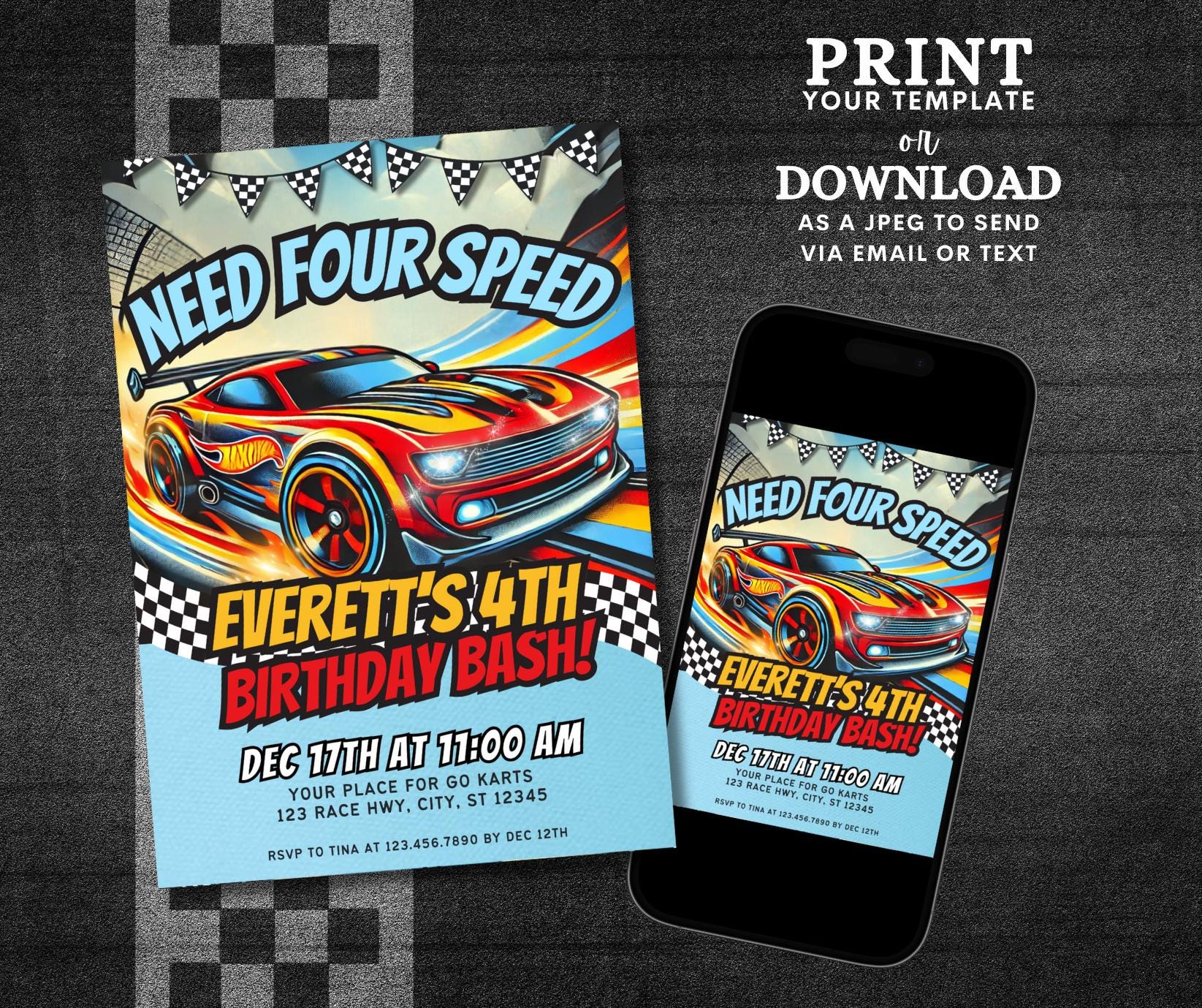 Need Four Speed Editable Race Car Birthday Invitation Template - 4th ...