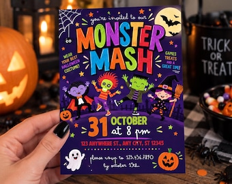 Monster Mash Halloween Invitation, Kids Halloween Party Invite, Editable Monster Party Invitation, Costume Party Canva Template