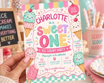May include: A rectangular party invitation featuring pastel colors, ice cream cones with smiling faces, and sprinkles. Text reads: Charlotte is a sweet one, Ice Cream Party, Please join us to celebrate, Saturday Jan 18th 2:00 PM, 123 Rocky Road, RSVP to Tina 123-456-7890, Life is sweeter at one.