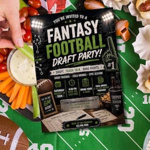 May include: A rectangular flyer for a Fantasy Football Draft Party with black background and green text. It features football graphics, event details for August 24, 2026, at 6:00 PM, and a space for an address. The design includes icons for a calendar, clock, and clipboard.