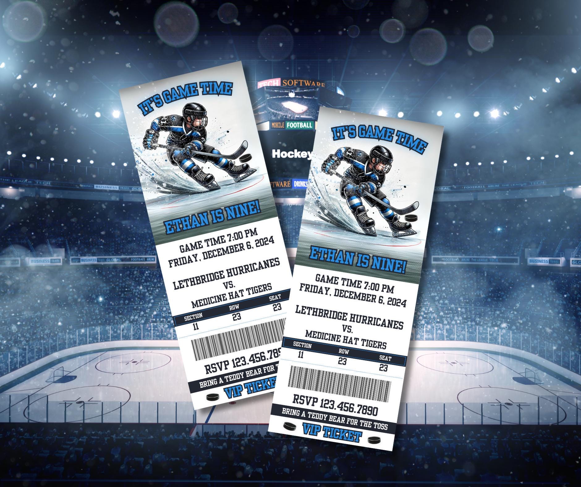 Hockey Ticket verjaardagsuitnodiging, Hockey Game Ticket jongens meisjes populaire verjaardagsuitnodiging, bewerkbare verjaardagssjabloon Canva, digitale download