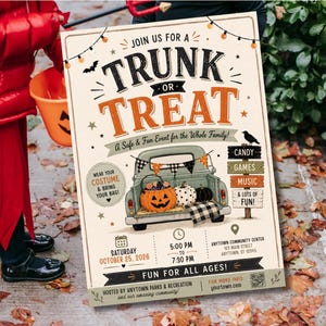 May include: A rectangular Trunk or Treat event flyer featuring a vintage truck illustration, pumpkins, and Halloween graphics. The text reads Join Us For A Trunk Or Treat, A Safe & Fun Event For The Whole Family, Candy, Games, Music, and event details.