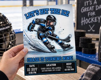 May include: A rectangular birthday invitation card featuring a cartoon hockey player in black and blue gear, with the text LET'S HIT THE ICE and CHASE IS TURNING NINE. The card includes sections for date, location, and RSVP details in a black layout.