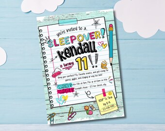 May include: A colorful invitation to a sleepover party for Kendall's 11th birthday. The invitation is designed to look like a notebook page with doodles and text. It includes details about the party, such as the date, time, and location. The invitation also includes a RSVP phone number.