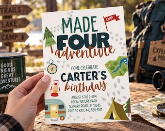 May include: A rectangular birthday invitation card featuring the text MADE FOUR ADVENTURE and COME CELEBRATE CARTER'S BIRTHDAY. The design includes illustrations of a pine tree, compass, lantern, map, camper, and tent with animal tracks on a white background.