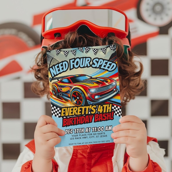 Race Car 4th Birthday Invitation Template – Hot Wheels Party (DIY Printable)