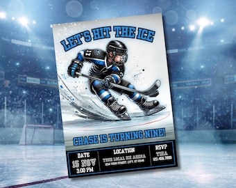 Hockey verjaardagsuitnodiging, sport verjaardagsthema, jongens populaire verjaardagsuitnodiging, bewerkbare jongen meisje verjaardag Canva sjabloon, digitale download