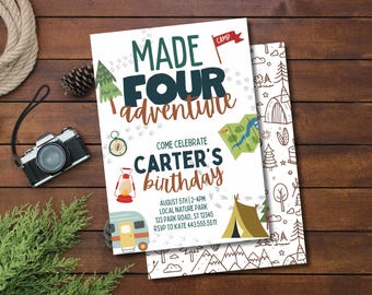 Verjaardagsuitnodiging voor VIER avontuur, campingverjaardagsthema, parkverjaardagsuitnodiging, bewerkbare Canva-verjaardagssjabloon