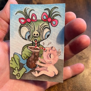 Original ACEO: "Nuevo amigo extraño" Óleo sobre cartulina enyesada, pintura pequeña, fantasía caprichosa, personaje de dibujos animados - Goodpaster
