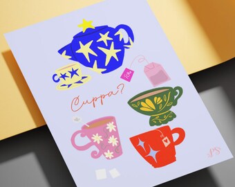 Funky Tea Cup Art Print, Colorful Kitchen Decor (Digital Download)