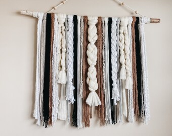 Bohemian Yarn Wall Hanging - Clay, Black, Light Grey, Taupe with White and Cream Colored Blend - Cream Colored Wool, yarn wall tapestry