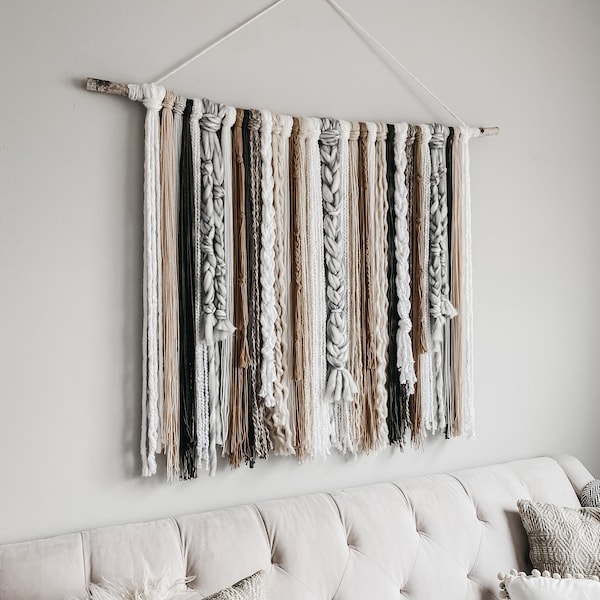 Modern Bohemian Yarn Wall Hanging - Olive, Light + Dark Tan, Gray and Creme Blend, wall tapestry, modern wall hanging, yarn home decor