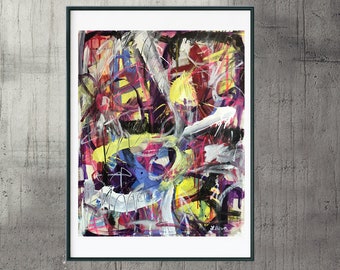 May include: Abstract painting in a black frame with a white mat. The painting features a mix of colors including yellow, red, blue, black, white, and purple. The colors are applied in a layered and textured style, creating a dynamic and energetic composition.