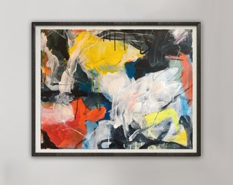 May include: A modern, light wood media console with black metal legs and a black drawer. The console is decorated with a vase of green plants, candles, and a blue ceramic bowl. A framed abstract painting with yellow, red, white, and blue paint is hanging on the wall above the console.