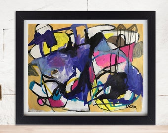 Puede incluir: Pintura abstracta con trazos audaces de amarillo, azul, rosa, negro y blanco sobre un fondo dorado. La pintura está enmarcada en negro.