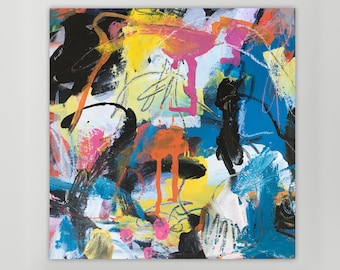 Original Abstract Expressionist Painting on Wood: Colorful Modern Art
