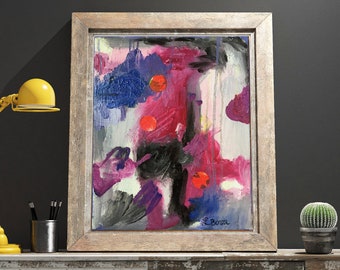 Könnte beinhalten: Abstraktes Gemälde in einem Holzrahmen mit einem Farbschema aus Rosa, Lila, Blau und Weiß. Das Gemälde zeigt rote Kreise und eine schwarze vertikale Linie. Die Unterschrift des Künstlers ist in der rechten unteren Ecke sichtbar.