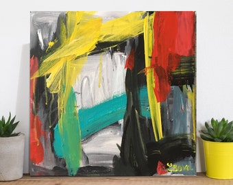 May include: Abstract painting on canvas with bold strokes of yellow, red, black, green, and blue. The painting has a textured surface and is signed in the bottom right corner.