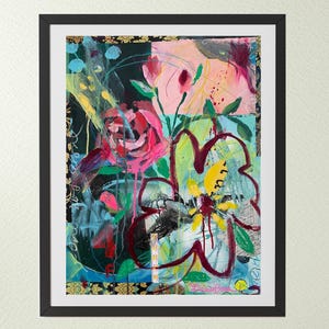 Colorful Abstract Expressionist Flower Painting Modern Art Wall Art Decor Original Artwork Contemporary Expressionism Collage Mixed Media
