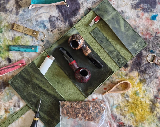 Balandis Atelier Large Tobacco Pipe Pouch / Pipe Roll / Pipe Bag Model: Amazon Green Pull Up Leather