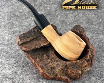 Olive Wood Tobacco Pipe Handmade, #303 Split RAW smooth, 9mm Filter Smoking Pipe, Gift for Pipe Smoker