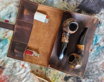 Leather Pipe Pouch Handmade, Tobacco Pipe Roll Case Bag, Full Grain Leather, Made in EU