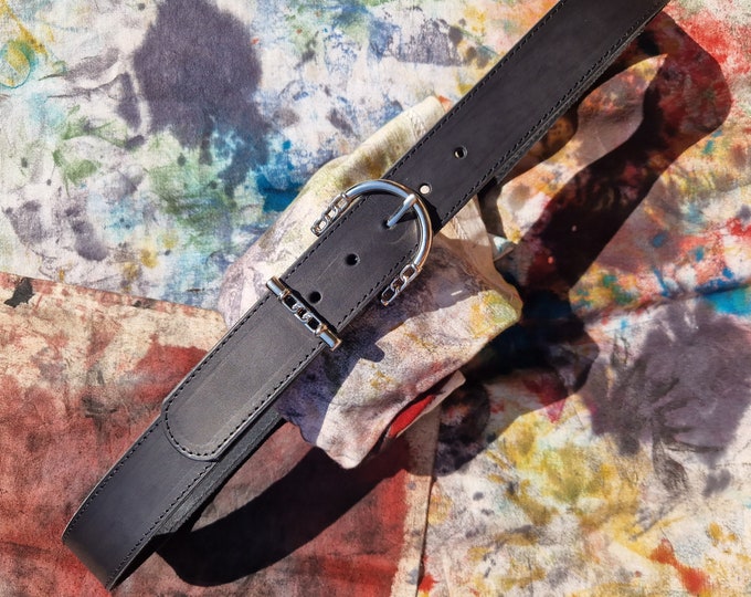Balandis Atelier 1 1/2" No.2 (3.8cm) silver buckle unisex leather belt, full grain black leather belt handcrafted