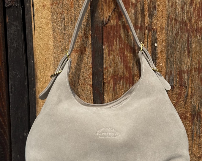Handmade Leather Shoulder Bag Ice Beige Suede, Minimalist Handbag, Italian Leather Purse - Bruno Balandis The Drop W-BBB