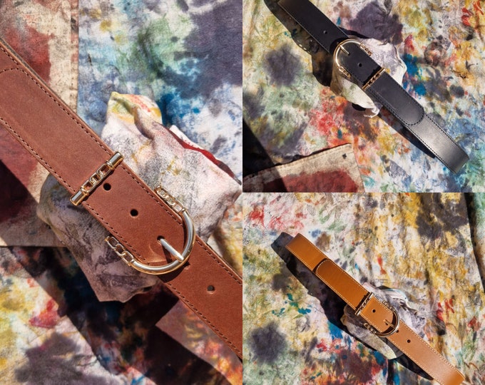 Balandis Atelier "CHAINS" Calfskin Leather Belt with gold buckle, Handmade 1 1/2 inch Premium Quality by Bruno Balandis