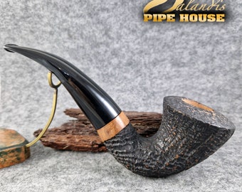 Balandis Unique Uniques Freehand Autograph Viking Horn Black Sandblasted Plateau (9mm) Handmade Briar Tobacco Smoking Pipe