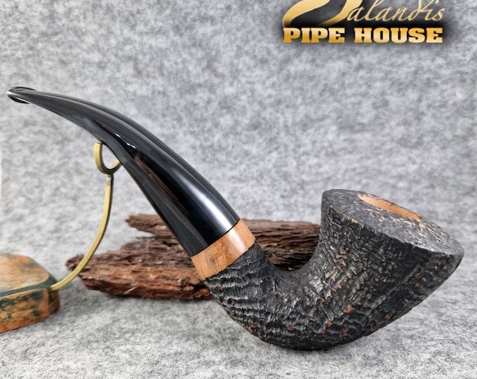 Balandis Unique Uniques Freehand Autograph Viking Horn Black Sandblasted Plateau (9mm) Handmade Briar Tobacco Smoking Pipe