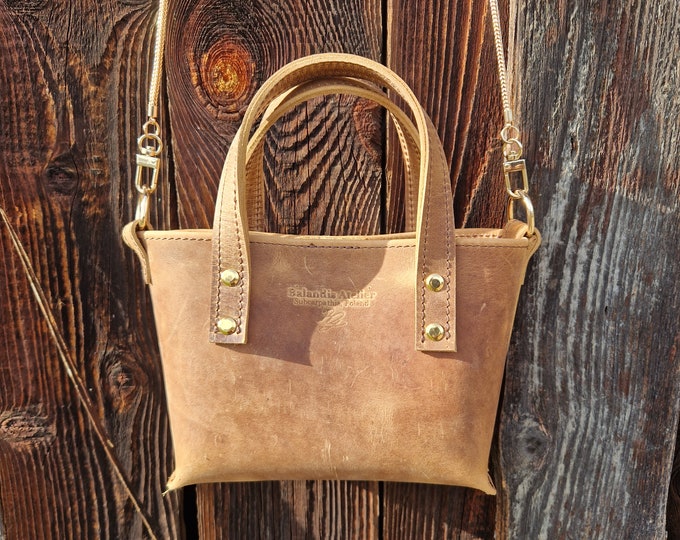 Balandis Atelier The Insatiable Leather Mini Tote Crossbody Bag in Premium Tan Pull Up Leather