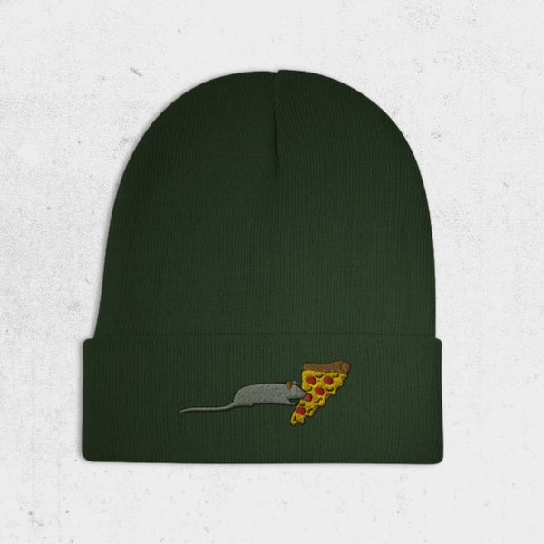 Pizza Rat Hat Beanie - Embroidered Unisex Womens Mens Knit Green Beanie - Snug Fit Skullie - Ratte Mütze Pizza Gifts