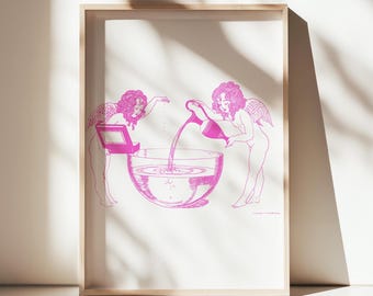 Art nouveau-muurdecoratie - blauwe en witte engeltjes met Griekse kan - vintage art-decoposter