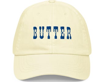 Embroidered Butter Baseball Hat: Western Font Pale Yellow Dad Cap