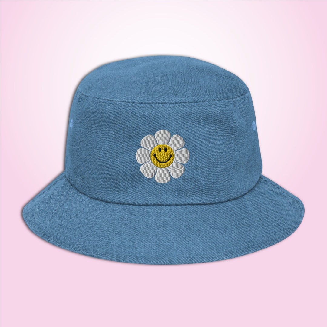 Smiley Flower Denim Bucket Hat 90s Fashion Aesthetic Happy Face White