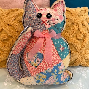 Upcycled Quilted Cat Pillow - Handmade Fabric Kitten Decor - Gift for Cat Lover