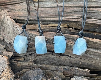 Blue Aquamarine Crystal Stone Small Pendant Cord Necklace-Stone of The Sea-Men's Gift-Womens-Aquamarine Jewelry-Turquoise-Blue Crystal