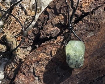 Glowing Green Prehnite Crystal Pendant Necklace Black-Green Necklace-Man Jewelry-Green Gemstone-Green Crystal-Men's Gift-Surfer