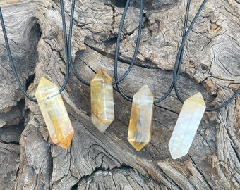 Bohovibe Lemon Hematoid Yellow Quartz Crystal Pendant Double Point Cotton Necklace Adjustable-Women's Gift Idea-Surfer Gift For Man-Handmade