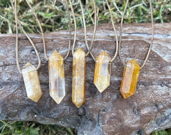 Yellow Hematoid Crystal Points Soft Leather Necklace-Lemon Yellow Quartz-Yellow Rock-Surfer Gift Handmade Bohemian Style Natural Gemstone