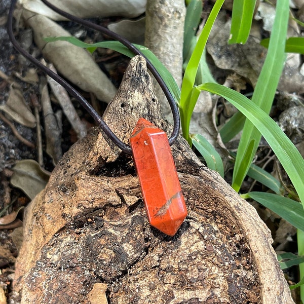 Red Jasper Crystal Point Pendant Necklace-Men's Gift-Surfer Jewelry-Women's Gift-Red Gemstone Necklace-Boho Chic-Groom Red Necklace-Orange