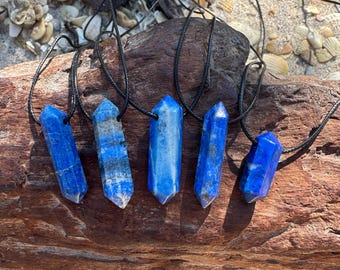 Blue Lapis Lazuli Graduated Stone Pendant Men's Gift Necklace-Women's Gemstone Healing Rock Royal Blue Gold Fleck Blue Raw Stone Jewelry