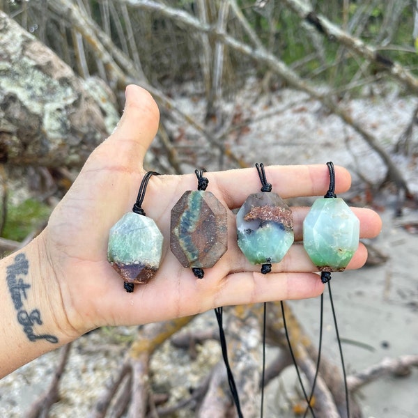 Green Chrysoprase Stone Crystal Bohemian Looped Necklace-Women's Gift-Men's Gift-Surfer Necklace-Large Pendant Green Necklace-Green Stone