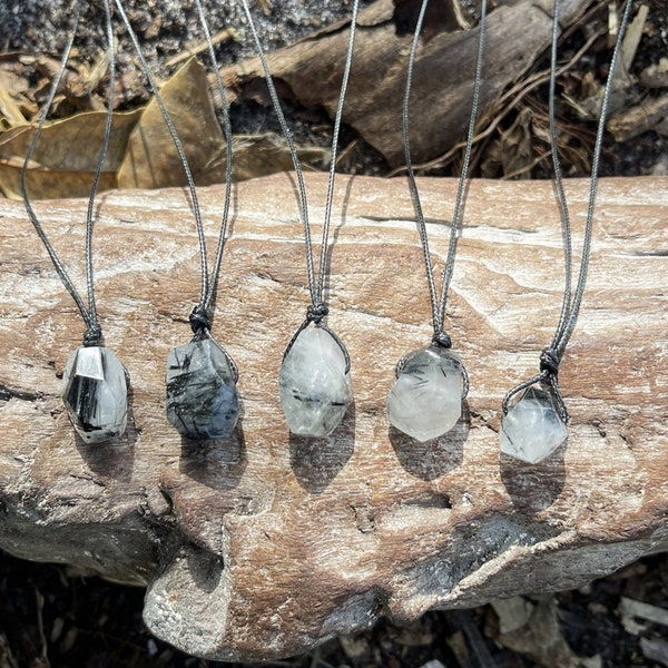 Black and Clear Rutilated Tourmalated Quartz Pendant Minimal Black Necklace-Men's Gift-Surfer Necklace-Black Crystal-Gemstone Necklace-Boho