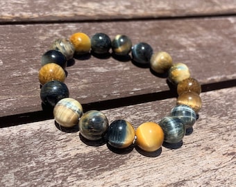 Golden Blue Tiger Eye Gemstone Grade AAA 10mm Bead Elastic Bracelet-Women's Gift-Handmade Bracelet Crystal Bracelet-Multicolored Rainbow
