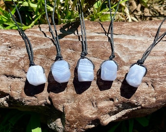 Blue Chalcedony Chunk Tied Black Cotton Necklace-Blue Stone-Men's Gift-Women's Necklace-Lace Agate Jewelry-Blue Crystal-Blue Rock Men