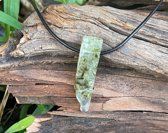 Salvation~Love Filled Natural Green Prehnite Slab Stone Crystal Leather Necklace-Men Gift-Green Rock-Black Epidote Healing Genuine Prehnite